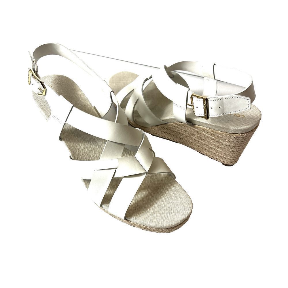 Cole Haan Womens Sz 9.5 B Wedge White Leather Espadrille Sling Back Open Toe NEW